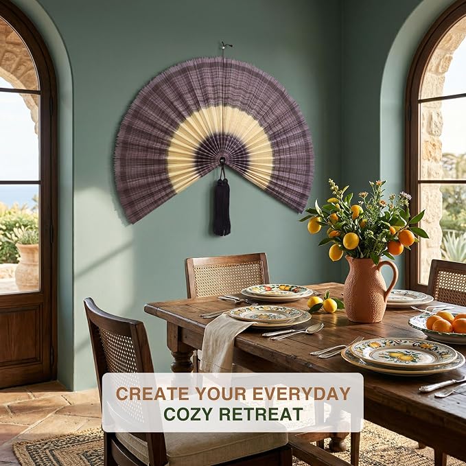 SUCHUBU Purple Bamboo Wall Fan, 40" Unique Handwoven Wall Decor, Large Japanese Hanging Fan, Asian Art for Bedroom, Aesthetic Soft Purple Wall Accent, Hook Strap Included (Chevolet, Medium)