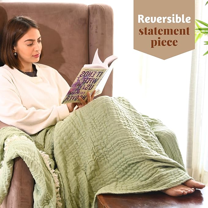 Folkulture 100% Cotton Boho Throw Blanket, 50" X 60", Green and Sage Green