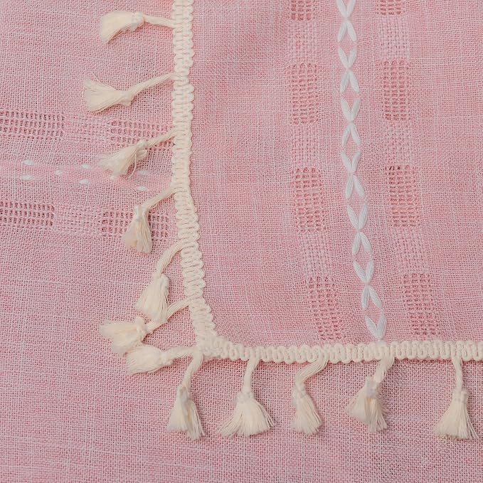 Deeprove Blush Pink Boho Curtain 72 inches Long for Living Room Bedroom Kitchen, Retro Bohemian Sheer Linen 72 inches Length 6 FT Striped Embroidery Privacy Window Tassel Decor W52 x L72, 1 Panel
