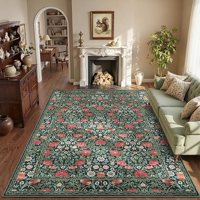 GarveeHome Green Vintage Floral Washable 6x9 Area Rugs for Living Room Boho Botanical Retro Rug Low Pile Stain Resistance Non Slip Carpet for Bedroom Nursery Dining Room