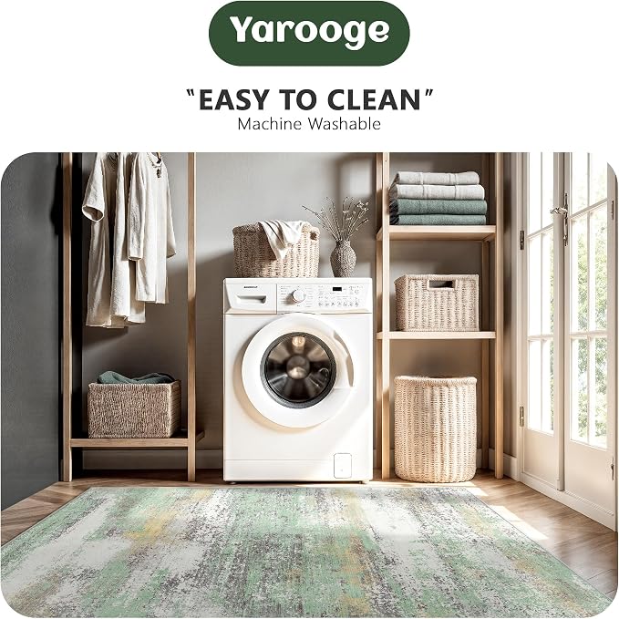 5x7 Area Rugs, Abstract Modern Ultra Soft Washable Rug, Non Slip Carpet with Rubber Back Stain Resistance Rugs for Living Room, Bedroom, Dining Room Decor(Light Green/Cream)