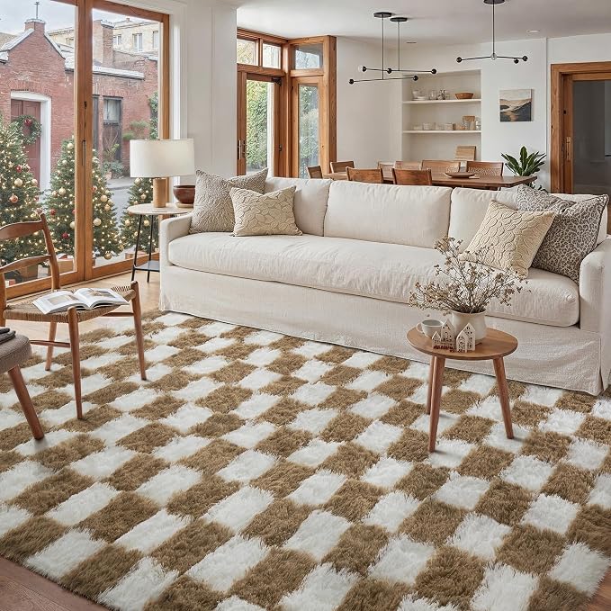 PureCozy 5x7 Area Rugs for Living Room Brown Soft Shag Checkered Large Rug Modern Washable Indoor Office Fuzzy Carpet Non-Slip Fluffy Rugs for Bedroom Nursery Dorm Playroom Home Aesthetic Decor