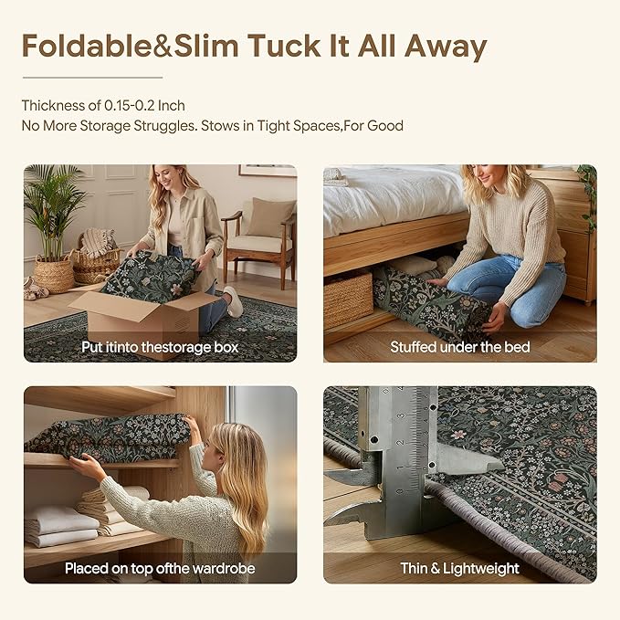 HUGEAR Vintage Floral Machine Washable 9x12 Area Rugs Green Living Room Bedroom Rug Retro Neutral Stain Resistant Non Slip Low Pile Throw Carpet for Home Aesthetic Modern Decor