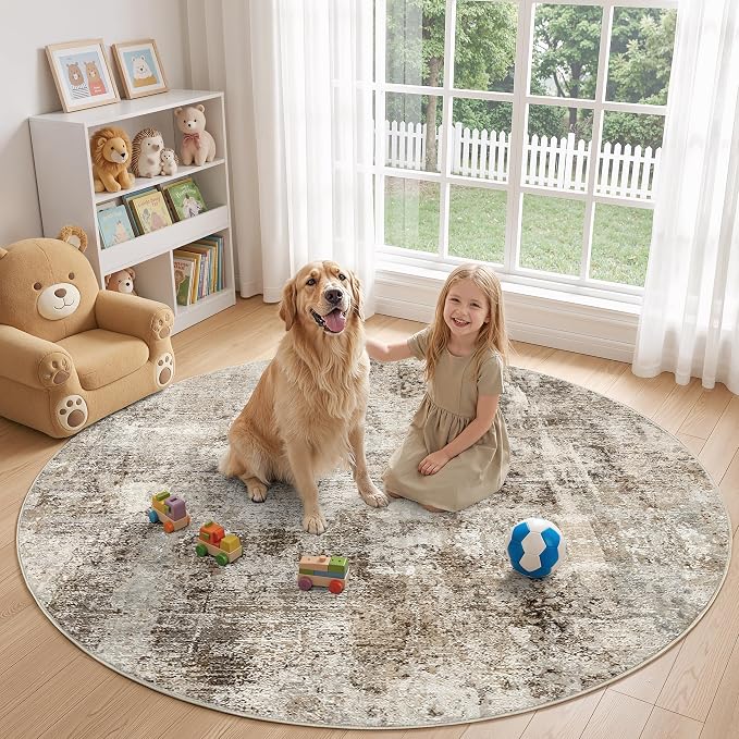 WITSHOCK Area Rugs 6ft Round Living Room Rug - Washable Neutral Soft Low Pile Non-Slip Modern Abstract Thin Large Indoor Carpet for Bedroom Dining Room Nursery Office - Dark Brown