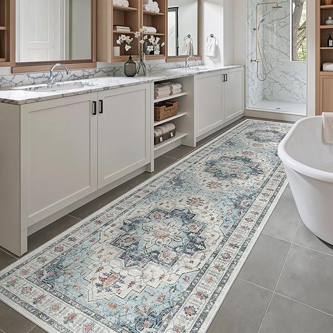 Madane Hallway Runner Rug 2'6''x10' Blue, Washable Vintage Kitchen Runners | Non-Slip Rugs 10ft for Laundry Room, Entryway and Bedroom, Soft Low Pile Stain-Resistant Wide 2.5x10 Ft Floor Carpet