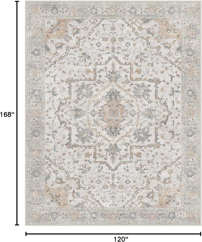 GENIMO 10x14 Area Rugs for Living Room, Machine Washable Non Slip Vintage Rugs, Low Pile Lightweight Print Rug for Bedroom, Dining Room, Home Office,Gray Brown