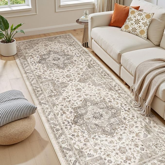 Vintage Hallway Runner Rug 3x10: Large Soft Washable Entryway for Kitchen Laundry Room Non-Slip Backing Runner for Entrance Living Room Bedroom Bathroom - Light Brown