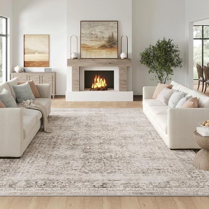 FMFUNCTEX 7x9 Washable Area Rug Beige Vintage Neutral Distressed Large Non Slip Carpet for Living Room Bedroom Soft Low Pile Indoor Mat Retro Floral Thin Rug for Dining Room Kitchen Office Nursery
