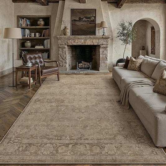 PureCozy Brown Area Rug 9x12 Washable Vintage Living Room Bedroom Carpet Non Slip Soft Low Pile Distressed Medallion Indoor Floor Retro Throw Large Rug for Dining Room Office