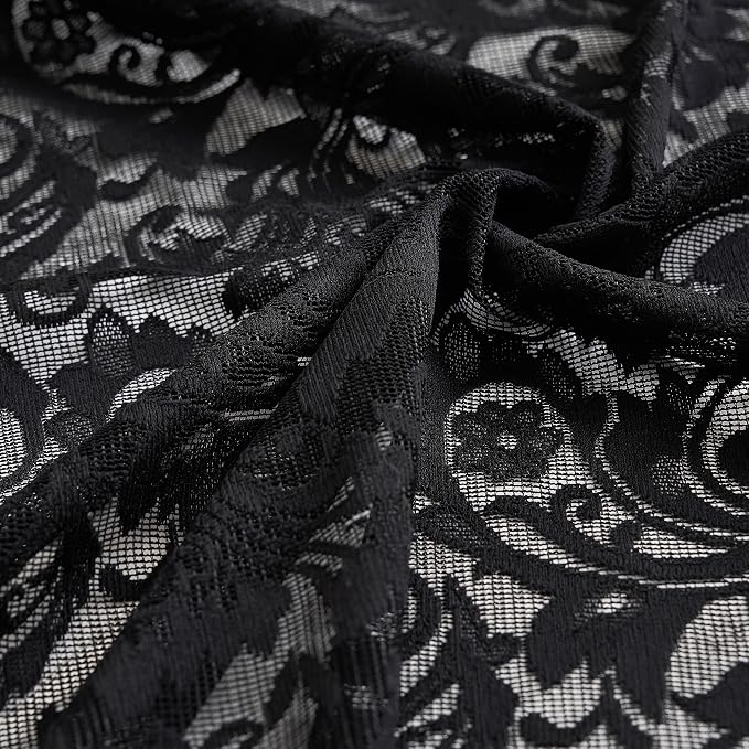 ALIGOGO Black Lace Curtains Short 54 Inch Length - Gothic Sheer Dark Floral Lace Kitchen Curtains 2 Panels, Vintage Moody Skull Spooky Rod Pocket Privacy Saclloped Halloween Decor, 52 x 54 Inch