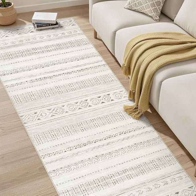 cotiled Hallway 3x12 Runner Rugs: Washable Boho Rugs with Non Slip Backing Large Soft Indoor Stain Resistant Carpet for Living Room Bedroom Farmhouse Dining Room Lightweight Home Decor L Brown/Cream