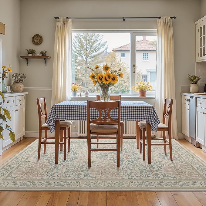 GENIMO 5x7 Washable Area Rugs for Living Room, Non Slip, Beige Pink | Vintage Boho Floral Low Pile Thin Carpet for Bedroom, Dining Room, Nursery, Indoor Decor