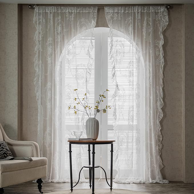 Sutuo Home White Lace Curtains 90 Inches Long, Vintage Embroidered Floral Rose Sheer Curtains for Bedroom Living Room, Privacy Country Rustic Windows Treatment Pair, Rod Pocket, W57 x L90,2 Panels