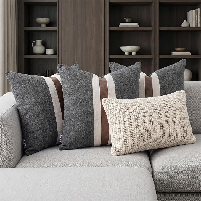 Set of 2 Leather Throw Pillow Covers Cotton Linen Decor Patchwork Pillow Cover Faux Leather Pillows Cover for Couch Sofa Living Room Bedroom,Black 16"x16"