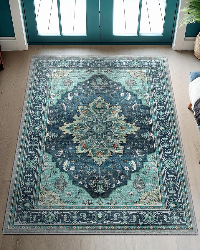 RELEANY Area Rugs 3'x4' Washable Non-Slip, Floral Vintage Distress Medallion Carpet for Living Room Bedroom Dining Room, Teal Green Lake Blue Turquoise