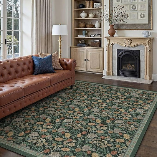 HUGEAR Retro Area Rugs 9x12 Washable Living Room Bedroom Rugs Vintage Floral Throw Carpet Dark Green Stain Resistant Non Slip Low Pile for Home Aesthetic Modern Decor