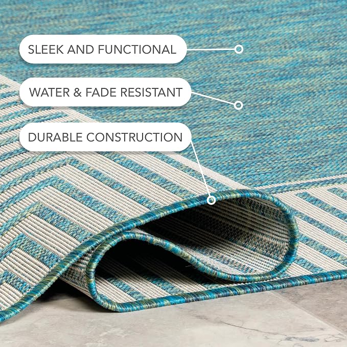 Nuloom Asha Teal/Ivory, 5' x 8', Casual, Striped Border, Soft and Cozy, High Traffic, Easy Clean, Durable Area Rug for Indoor/Outdoor Patio, Deck, Porch, Garden, Courtyard