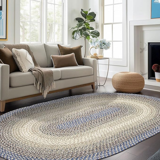 Super Area Rugs Braided Rugs Farmhouse Kitchen Rug - Ridgewood Braided Rug for Living Room - Reversible - Indoor/Outdoor - Made in USA -Blue/Beige, 10' X 13' Oval