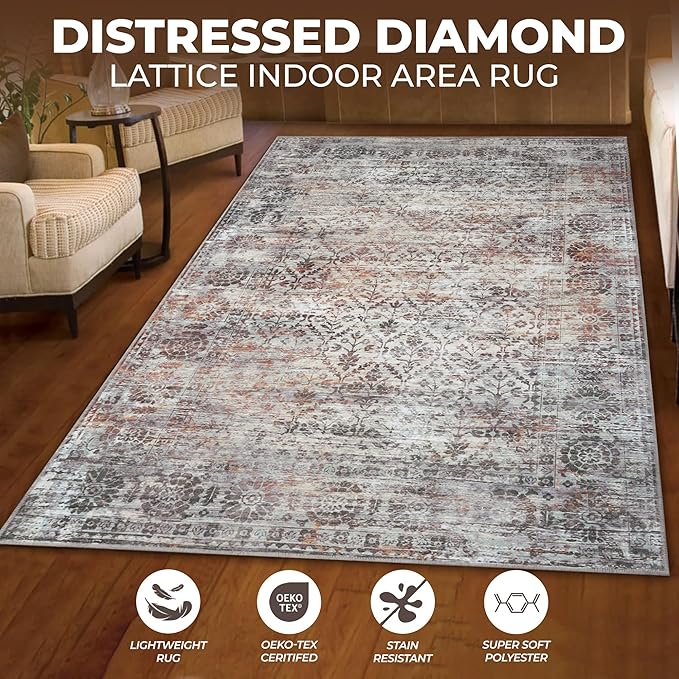 Superior Indoor Large Area Rug, Non-Slip Back, for Kids or Pets, Entry, Living Room, Kitchen, Dorm, Bedroom, Hallway, Machine Washable, Floor Cover, Diamond Lattice, Macaw Collection, 4' x 6', Ivory