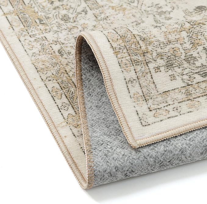 PureCozy Entryway Area Rug 3x4 Washable Beige Vintage Distressed Carpet Oriental Soft Thin Indoor Mat for Office Non Slip Low Pile Throw Rug for Kitchen Bathroom Bedroom Dining Living Room