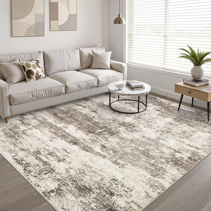 6x9 Area Rugs Living Room: Washable Large Neutral Rug Abstract Soft Modern Stain Resistant Indoor Floor Non-Slip Carpet for Bedroom Nursery Kids Office Playroom Dining Room Under Table- Mocha Brown