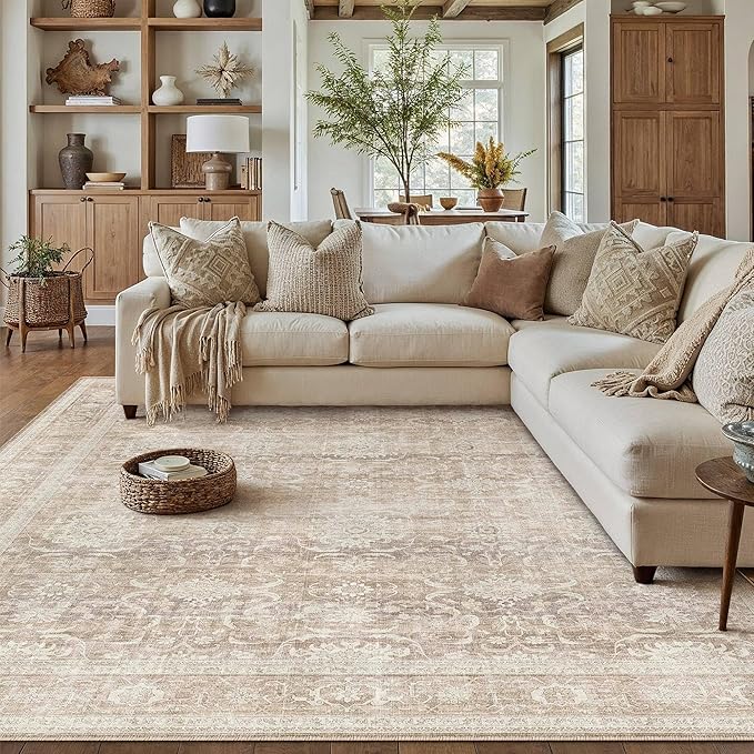 HUGEAR 8x10 Area Rugs Machine Washable Retro Beige Living Room Bedroom Rug Distressed Vintage Neutral Stain Resistant Non Slip Low Pile Large Throw Carpet for Home Aesthetic Decor