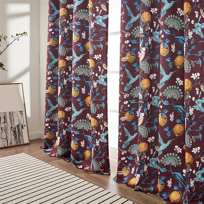Topfinel Rust Floral Curtains 96 Inches Long 2 Panels Unique Beige Luxury Elegant Colorful Euro Flower Hummingbird Patterned Rustic Vintage Grommet Drapes for Classroom Room Office Closet