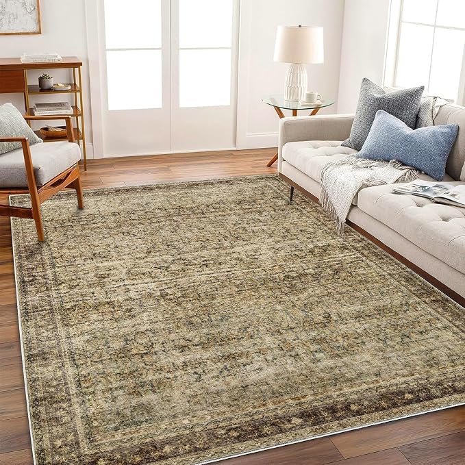 CHAMPLANT Area Rug 10x14 Washable Brown Vintage Traditional Mat Distressed Indoor Foldable Thin Retro Accent Floral Non Slip Carpet for Living Room Dining Room Office