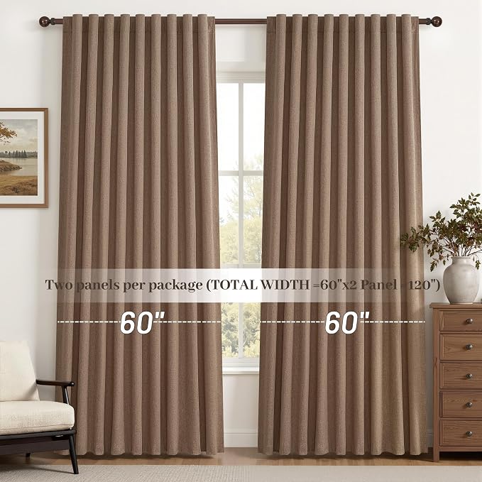 Rust Brown Blackout Curtains 60 Inches Extra Wide Linen 84 Inch Length for Living Room, Pleated Farmhouse Bedroom Chocolate Thermal Drapes for Winter Thick Large Window 60"W x 84"L 2 Panels