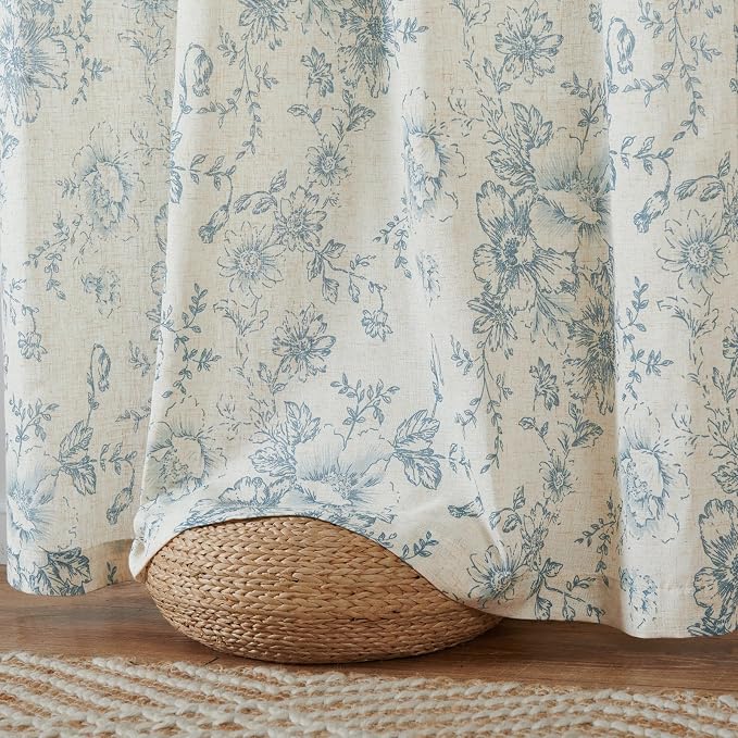 jinchan Linen Blend Curtain Floral Curtains for Living Room 90 Inch Length Blue Printed Curtain Rod Pocket Back Tab Farmhouse Peony Flower Patterned Drapes Bedroom Window Curtains Set 2 Panels