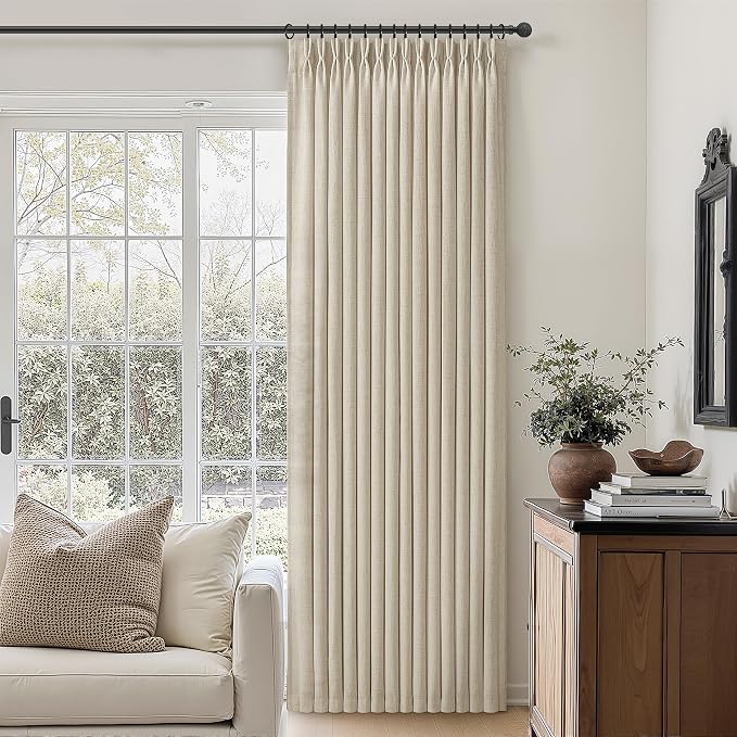 Pinch Pleated Natural Linen Curtains 94 Inches Long 2 Panels Set for Bedoom, Boho Memory Shape Burlywood Birch Semi Sheer Light Filtering Viral Curtain Warm Beige 94-96 Inch Length Windows Drapes Burg