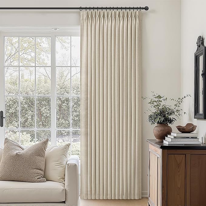 Warm Beige Pinch Pleated Linen Sheer Curtains 78 Inches Long for Dining Room, Memory Trained Light Filtering Cottage Core Windows Drapes Panels of 2 with Hooks & Rings Non See Through Thick Curtain