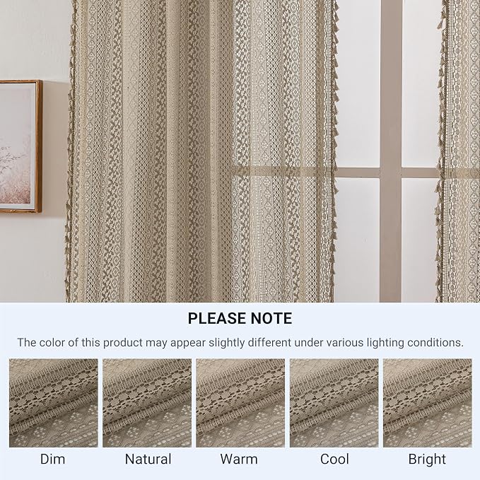 WAZZIO Boho Lace Curtains 45 Inches 2 Panel,Light Filtering Privacy Tassel & Geometry Crochet Semi Sheer Curtain Drapes for Bedroom Living Dining Room,Rod Pocket & Tassel,Earthy Color Taupe