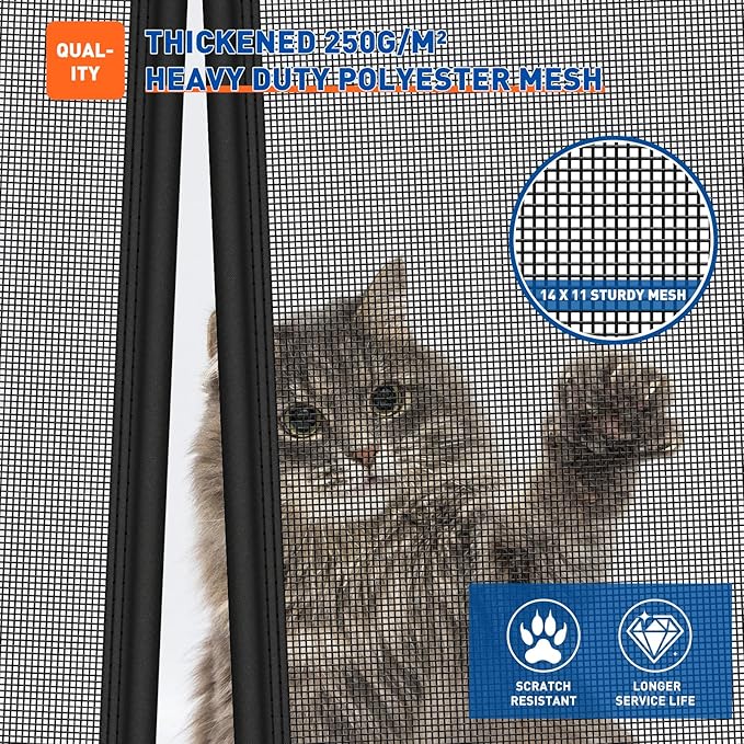 MAGZO Upgraded Magnetic Screen Door Thicker 250g/m² Pet Screen Door Mesh Fit Door Size 32 x 80 Inch, Mesh Size 34" x 81", Heavy Duty Cat Resistant Mesh for Front/Back/Sliding/Patio Door
