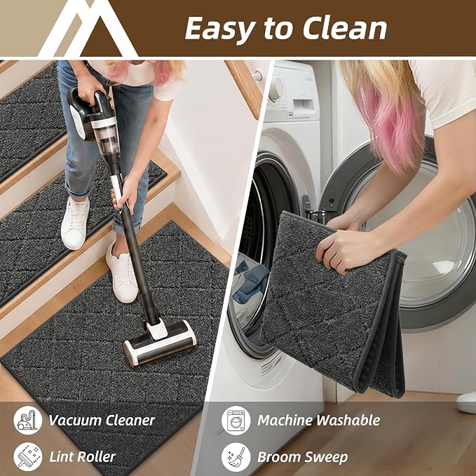 COSY HOMEER Edging Stair Treads Non-Slip Corner Indoor Stair Runners for Wooden Steps,Landing Slip Resistant Stair Rugs for Kids and Dogs, 100% Polyester TPE Backing,Black,20"X32"