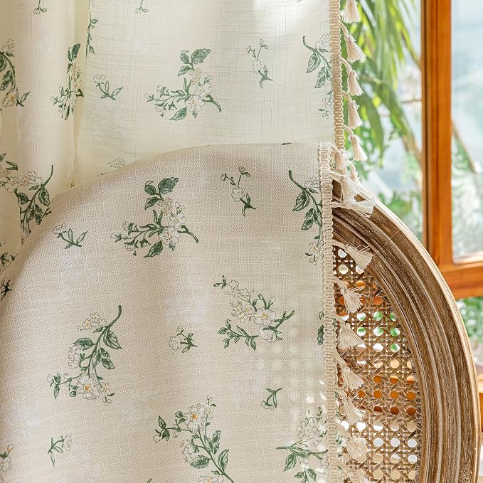 OYX Boho Floral Spring Semi Sheer Curtains 84 Inch Length 2 Panels, Linen Texture Farmhouse Light Filtering Curtains Beige Tassel for Bedroom Living Room Vintage Rustic Patterned Printed Rod Pocket