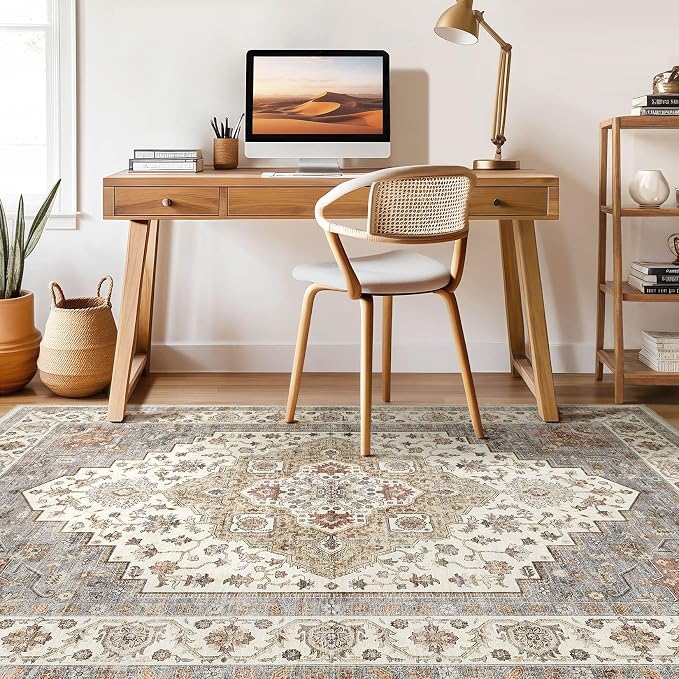 9x12 Area Rug Living Room: Washable Boho Large Neutral Vintage Soft Rugs Stain Resistant Farmhouse Non-Slip Indoor Floor Carpet for Bedroom Nursery Kids Playroom Office Dining Room- Orange Beige