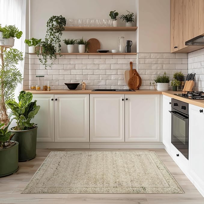 BILEEHOME Boho Kitchen Rug Washable,2x3 Non Slip Farmhouse Neutral Small Area Rug for Bathroom Bedroom Indoor Entrway Ultra Thin Fit Under Door,Tan Brown and Cream Beige
