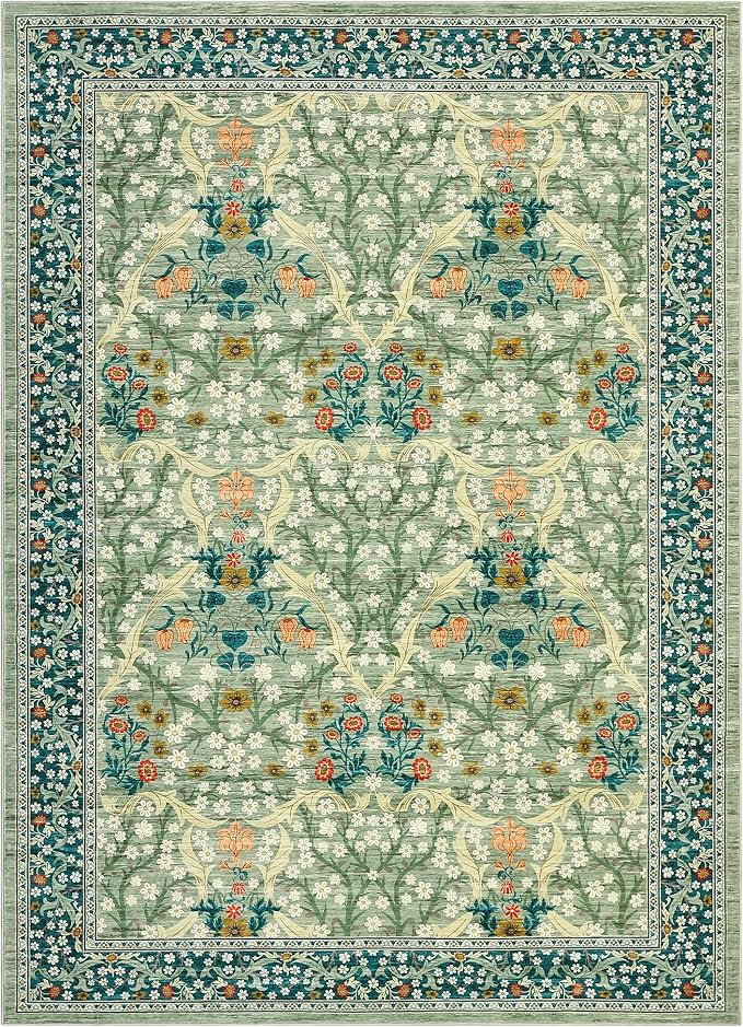 GarveeHome Floral Area Rugs 5x7, Sage Green Washable Rug for Living Room, Bedroom, Low Pile Non Slip Stain Resistance Indoor Boho Carpet Mat for Farmhouse, Dining Room, Office