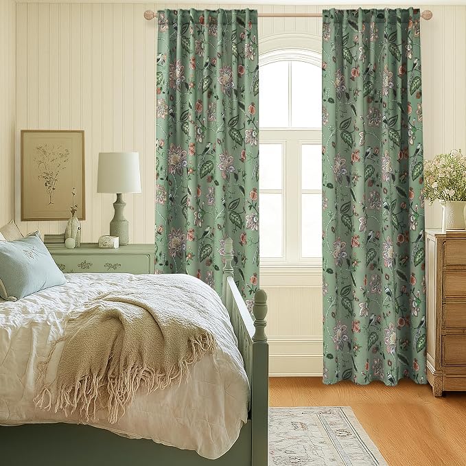 Sage Green Vintage Floral Curtains, Spring Cottage Core Pink Flower Botanical Printed Whimsical Cottagecore Farmhouse Patterned Blackout Drape for Bedroom Living Dining Room 84 Inch Length 2 Panel Set
