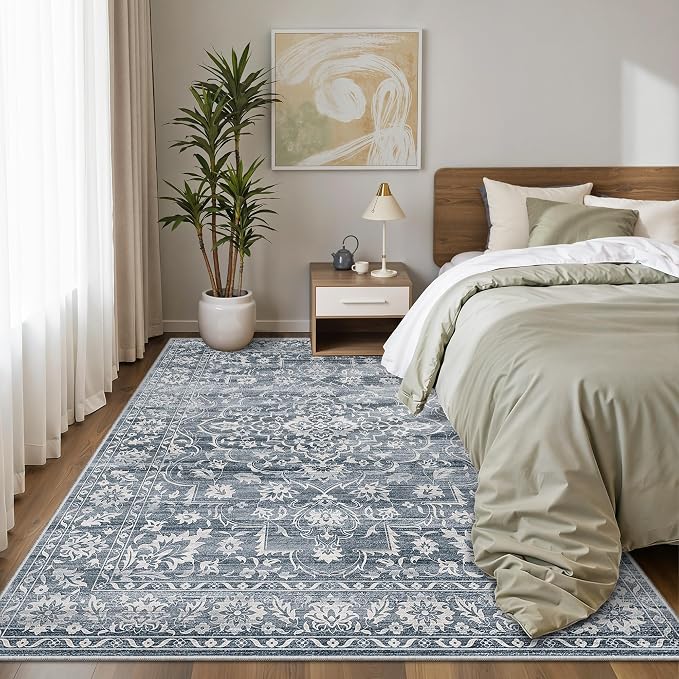 Soalmost 5x7 Area Rugs for Living Room, Washable Bedroom Soft Rug Blue | Vintage Floral Non-Slip Low Pile Throw Large Neutral Carpet for Dining Room Kitchen Home Office Nursery 5'x7'