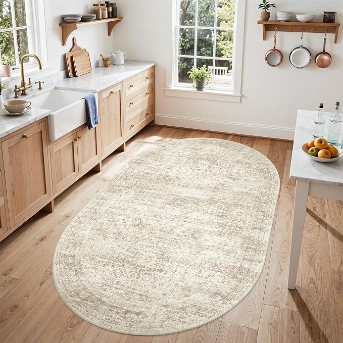 Soalmost Small Oval 3x5 Rug for Entryway, Machine Washable Area Rug for Kitchen, Bedroom Bedside, Non-Slip Throw Rug, Vintage Carpet for Nursery Coffee Table, Beige