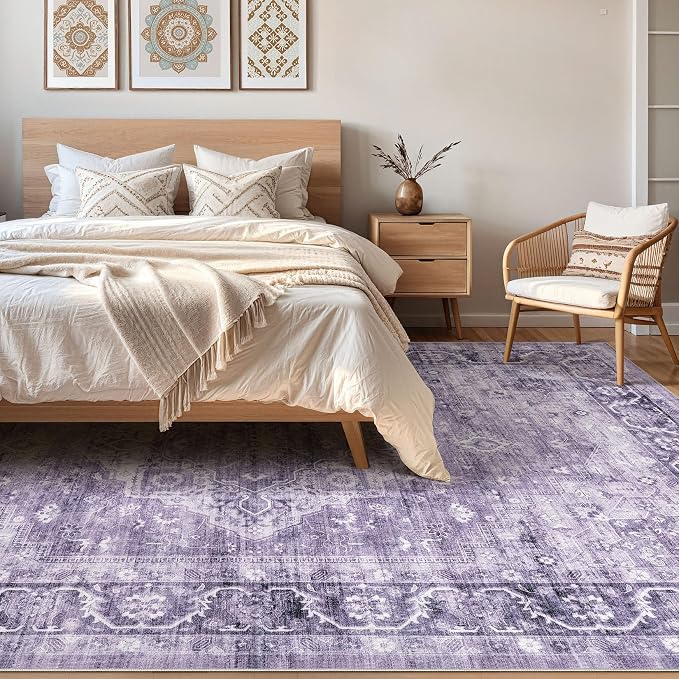 8x10 Area Rugs Living Room: Washable Boho Large Neutral Vintage Soft Rug Stain Resistant Farmhouse Non-Slip Indoor Floor Carpet for Bedroom Nursery Kids Playroom Office Dining Room- Purple