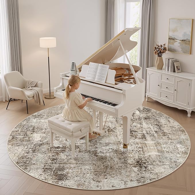 WITSHOCK Area Rugs 8ft Round Living Room Rug - Washable Neutral Soft Low Pile Non-Slip Modern Abstract Thin Large Indoor Carpet for Bedroom Dining Room Nursery Office - Dark Brown