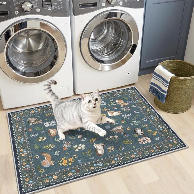 Soalmost 2x3 Cat Rugs for Entryway, Machine Washable Door Mat Animal Floral Small Area Rug Non-Slip Low Pile Soft Throw Rugs for Entrance Kitchen Indoor Front Door Kids Room (2 x 3,Navy Blue)