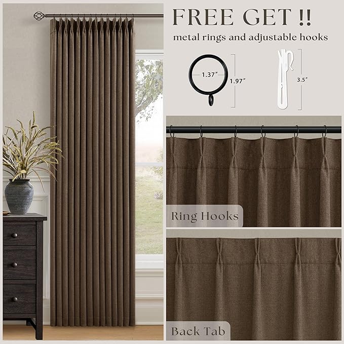 Pleated Blackout Brown Curtains 96 Inches Long 2 Panels Set for Bedroom Living Room Darkening Linen Blend Back Tab Pinch Pleat Memory Shape with Liner Soundproof 96 Inch Window Curtains Dutch Cocoa