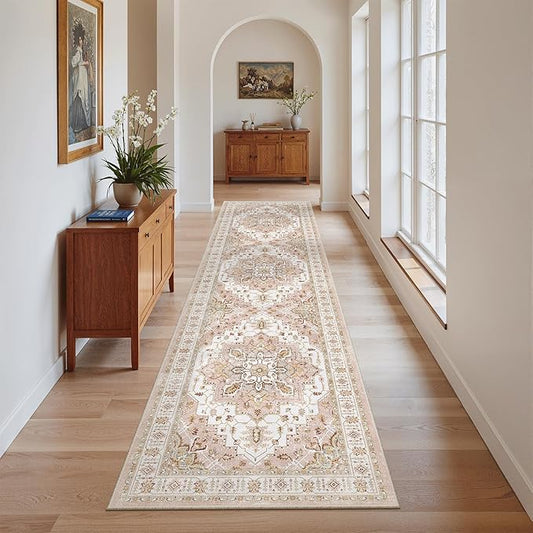 Madane Hallway Runner Rug 2x8 Washable Kitchen Rugs Non-Slip, Pink | Vintage Machine Washable Low-Pile Floor Carpet 8ft, Soft Ultra-Thin Throw Entry Foyer Mat for Entrance Laundry Living Room