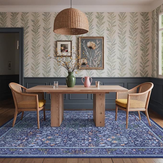 GENIMO 6x9 Washable Living Room Area Rug, Non Slip, Blue | Vintage Boho Floral Low Pile Thin Carpet for Bedroom, Dining Room, Nursery, Indoor Decor