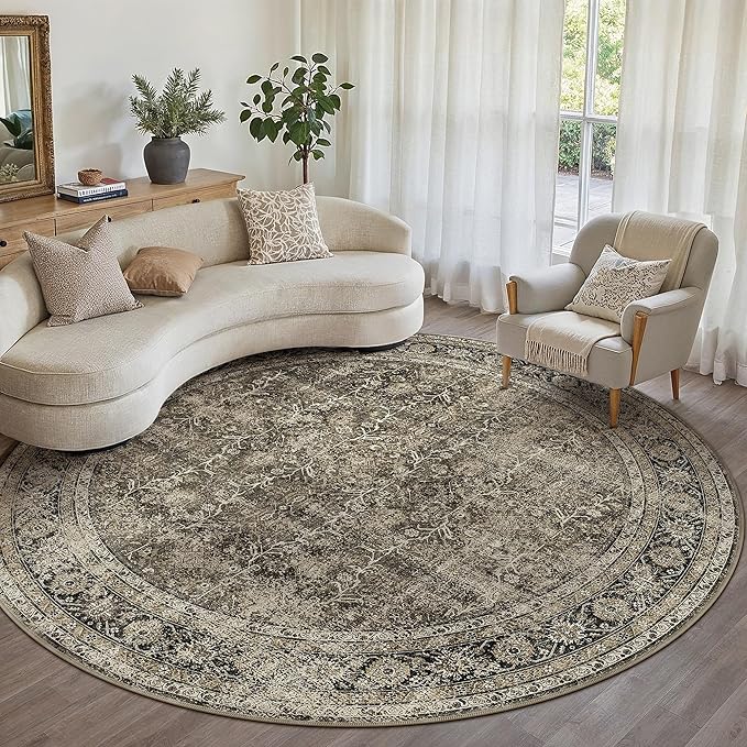 PureCozy Brown Round Area Rug 8ft Washable 8x8 Circle Vintage Low Pile Indoor Large Kitchen Living Room Carpet Non Slip Traditional Distressed Retro Accent Throw Rug Office Dining Room