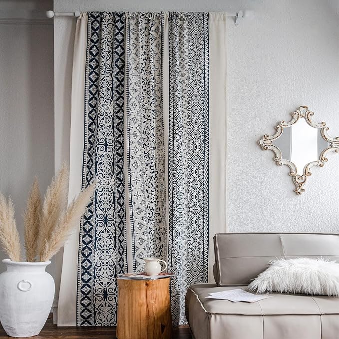 VOGOL Boho Curtains for Bedroom, Geo Design Rod Pocket Bohemian Drapes for Living Dining Room Hotel Decoration, 1 Panel 59 x 94 Inch, Navy Blue on Beige